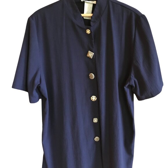 Two Twenty Vintage Rayon Blend Tunic: Dark Blue Blazer, Unique Buttons, Size 18 - Picture 5 of 9